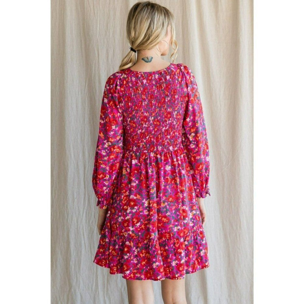 JODIFL Fuchsia Floral Pink Smocked Front Ruffle Trim Dress Fall New S-L G5392-2 - Picture 3 of 8